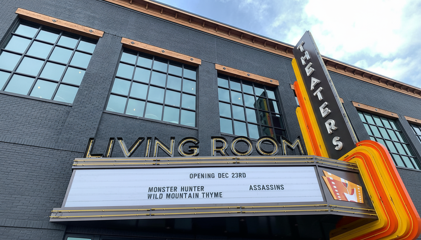 A low-angle shot of the Living Room Theaters marquee, displaying Opening Dec 23rd and movie titles Monster Hunter, Wild Mountain Thyme, and Assassins. The building is dark brick with large windows, and a bright yellow and orange Theaters sign extends vertically from the marquee.