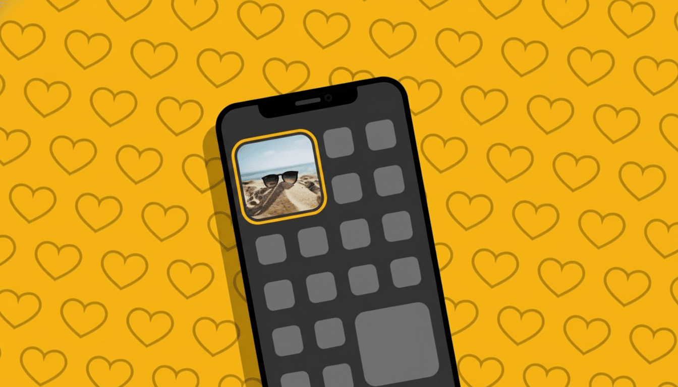 A smartphone displaying an app icon with sunglasses on a beach, set against a yellow background with heart outlines.