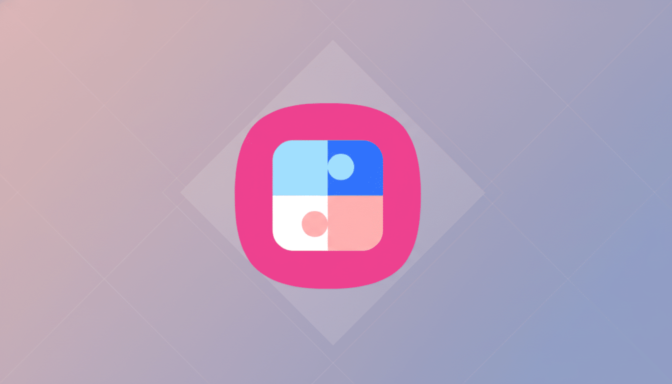 A pink square icon with rounded corners, containing four smaller squares in light blue, dark blue, white, and light pink, each with a small circle in the center, set against a professional flat design background with soft patterns and gradients.