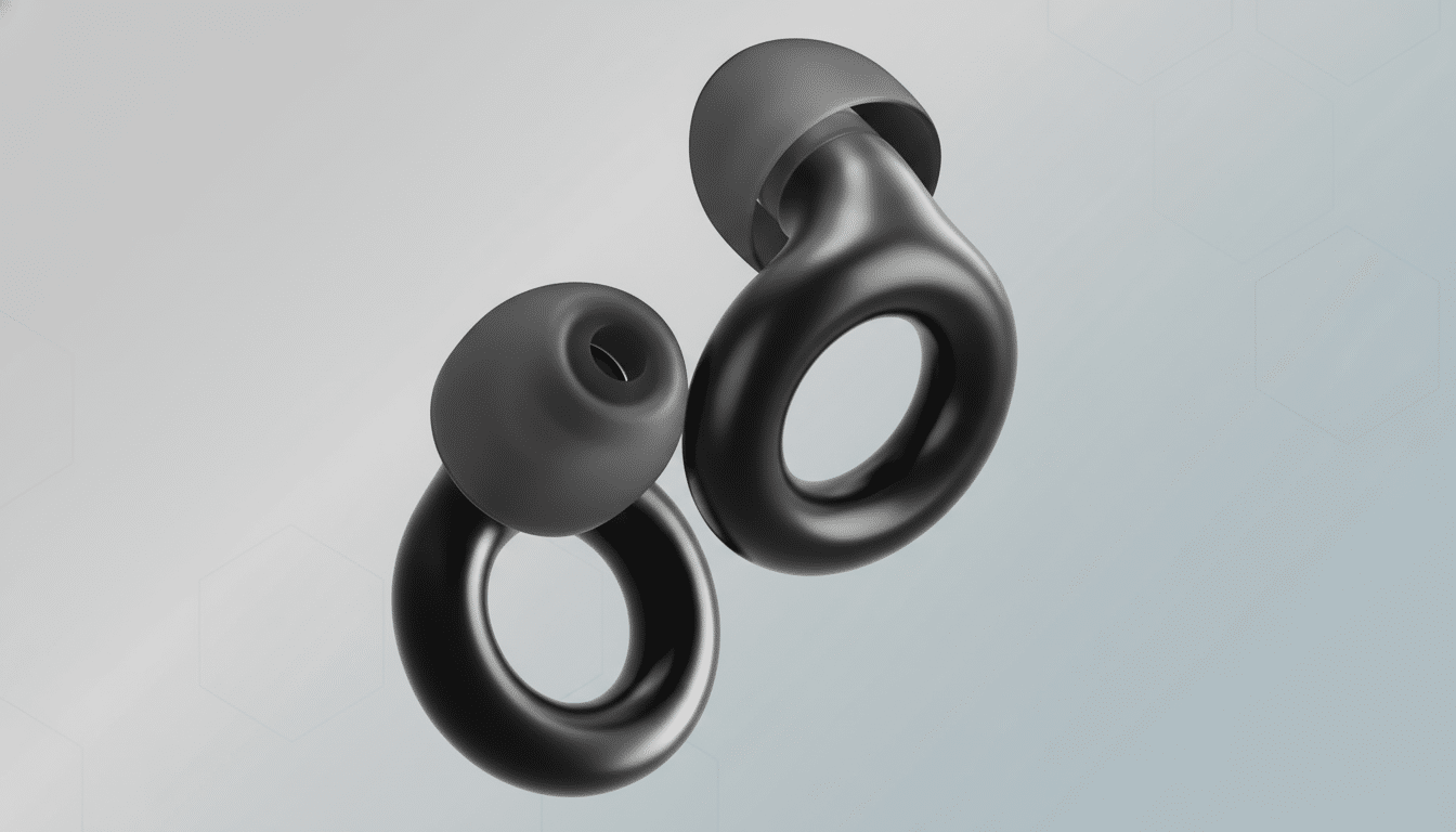 Two black, ring-shaped earplugs with soft tips, presented on a professional flat design background with subtle hexagonal patterns and a soft gradient.