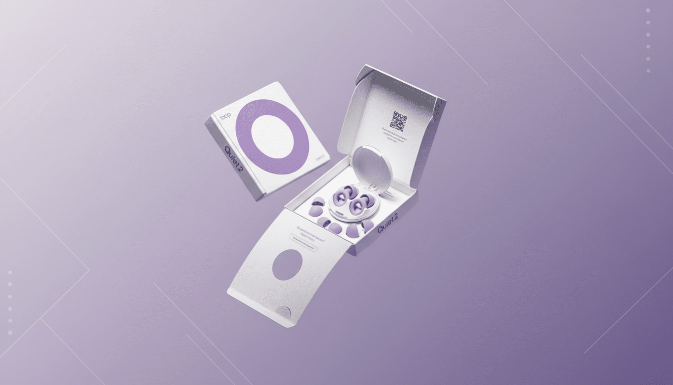 A 16:9 aspect ratio image of Loop Quiet 2 earplugs in their packaging, with a professional flat design background featuring soft patterns and gradients.