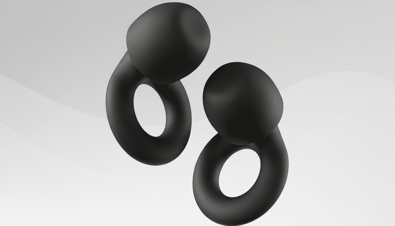 Two black, abstract, earring-like shapes with a matte finish, set against a professional light gray background with subtle wave patterns.