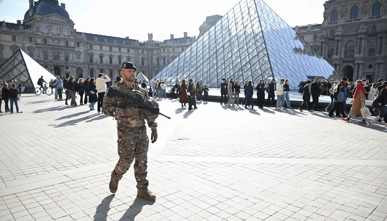 A soldier in camouflage uniform walks across a paved plaza in front of the Louvre Pyramid in Paris, with other people in the background.