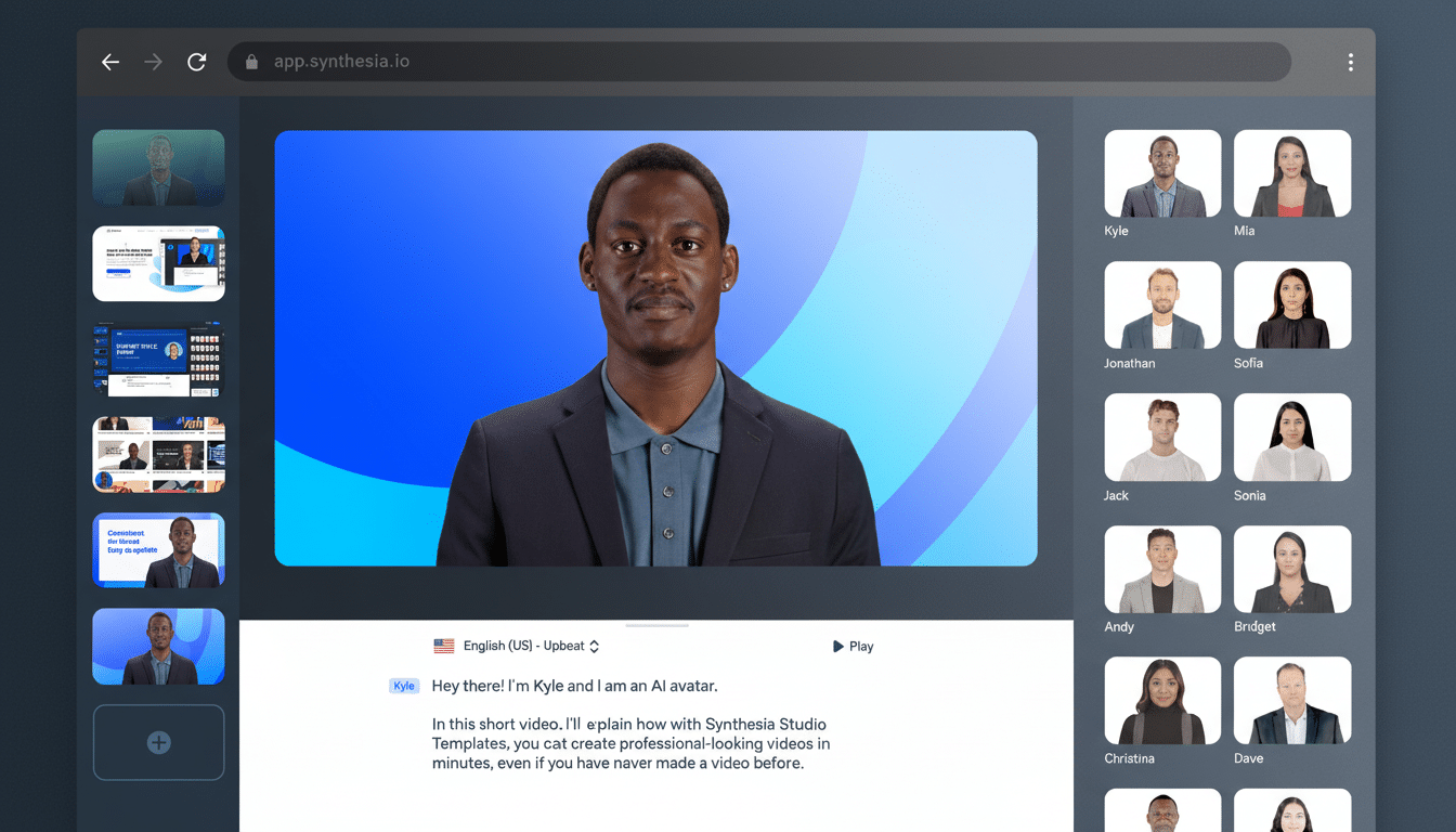 A screenshot of the Synthesia Studio interface, showing a man named Kyle as an AI avatar in a video window, with various other AI avatars displayed on the right side.