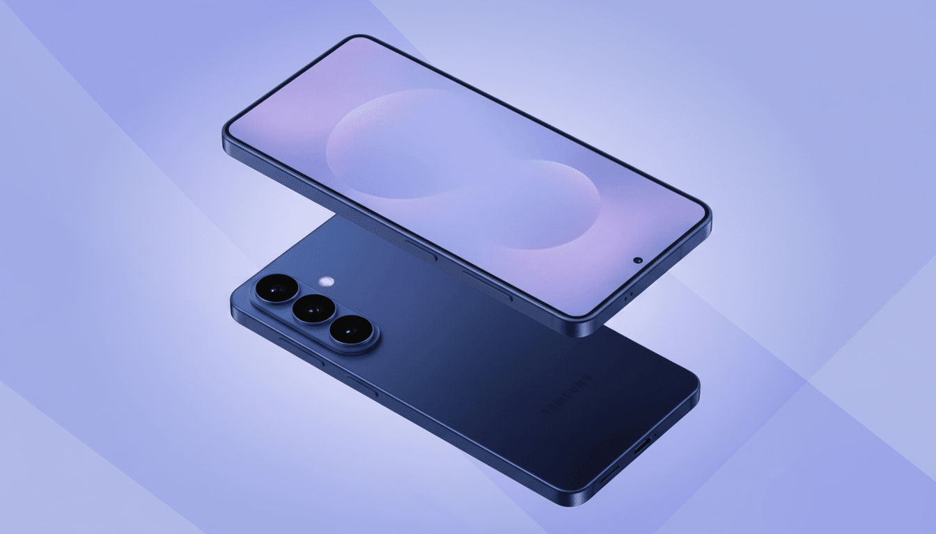 A blue smartphone is shown at an angle, with its screen facing up and its back visible below it. The background is a soft gradient of purple and blue.