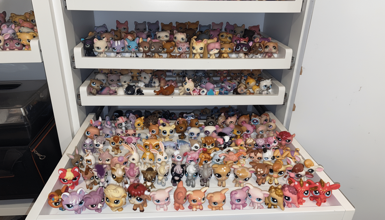 A collection of various Littlest Pet Shop toys displayed on white shelves.