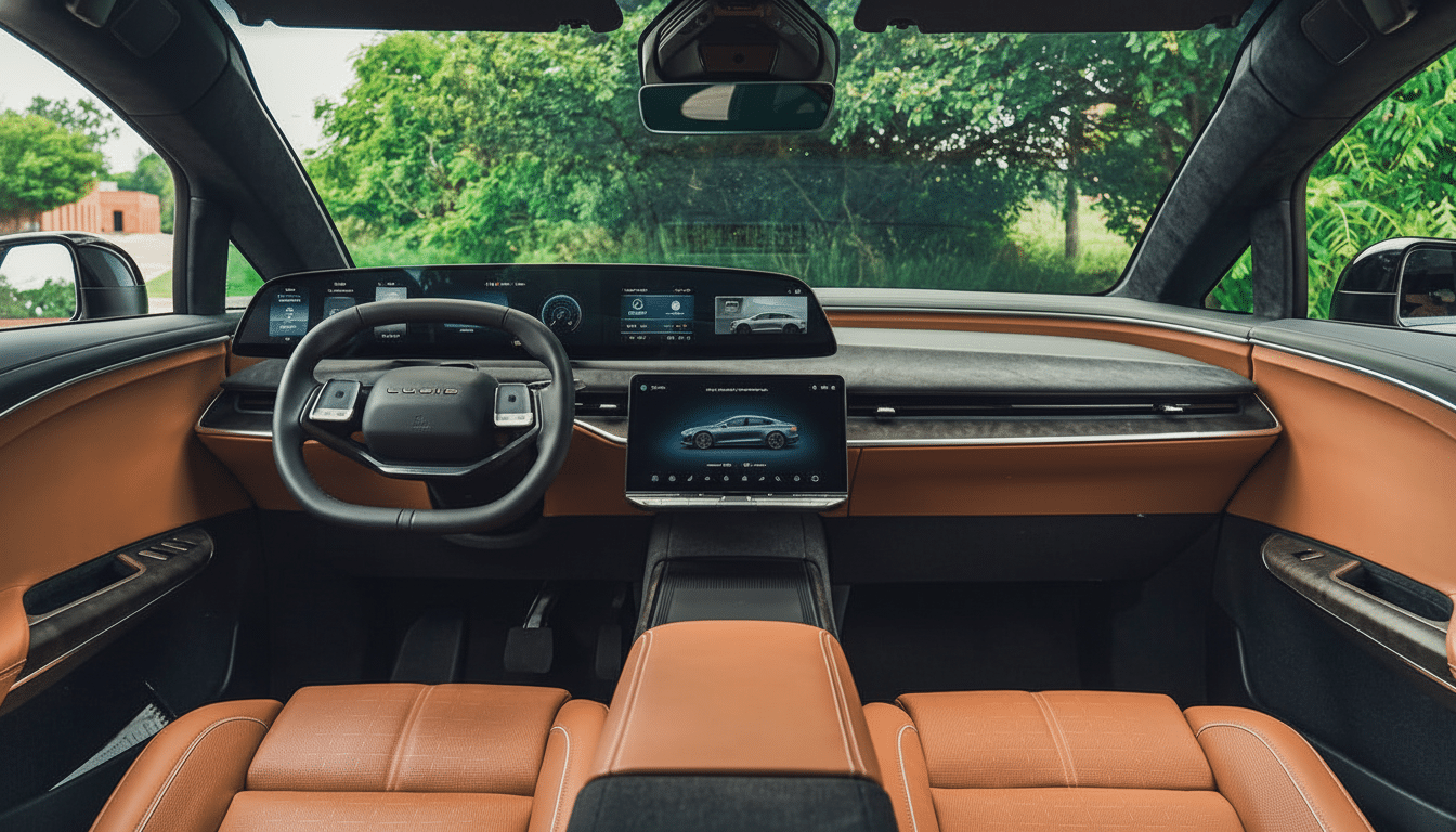 The interior of a Lucid Air electric vehicle, featuring a minimalist dashboard with a large central touchscreen display and a digital instrument cluster. The seats are upholstered in a rich brown leather, and the steering wheel has a modern, flat-bottom design.