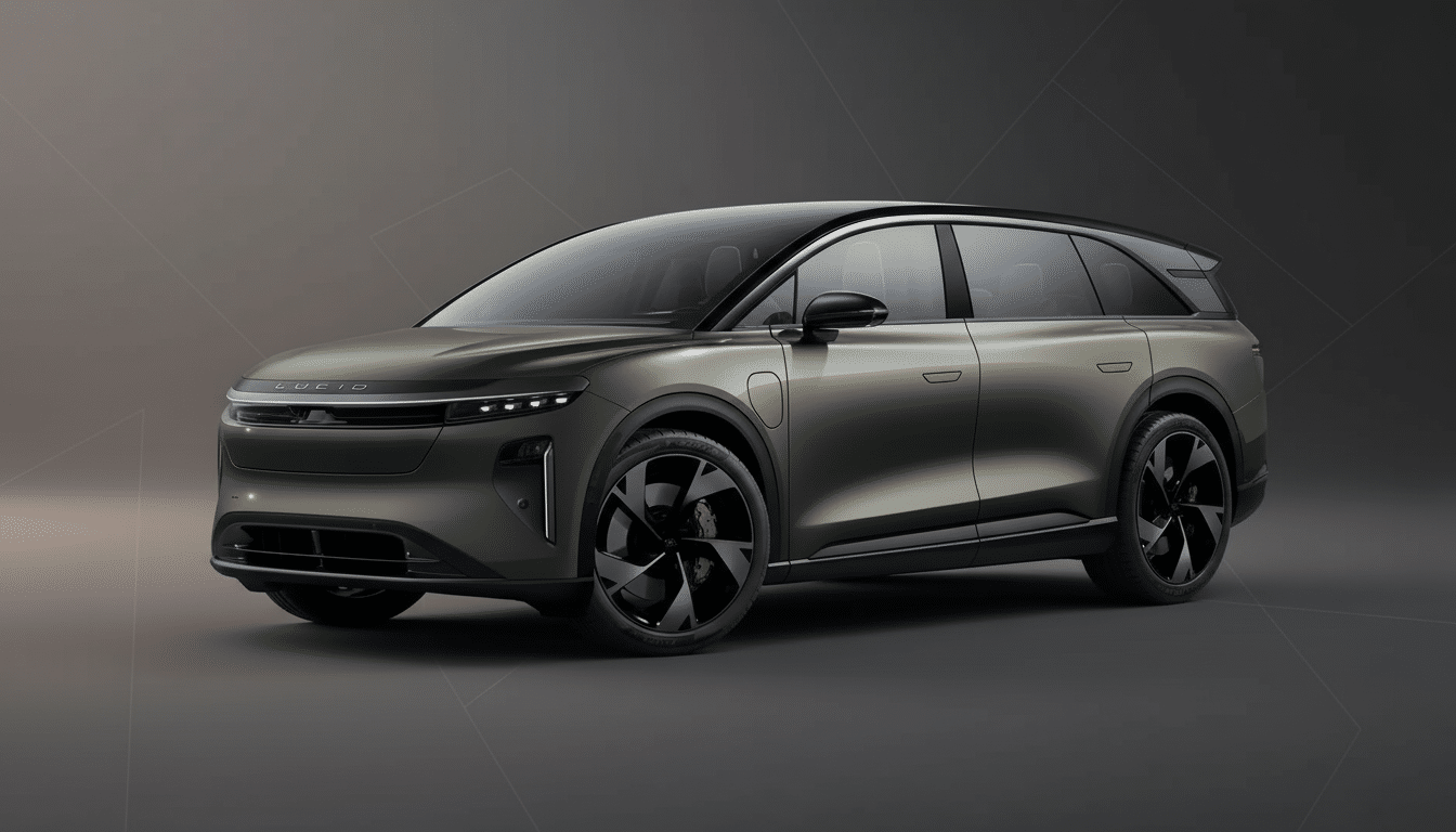 A sleek, dark green Lucid Gravity electric SUV is parked against a professional, softly gradient dark gray background.