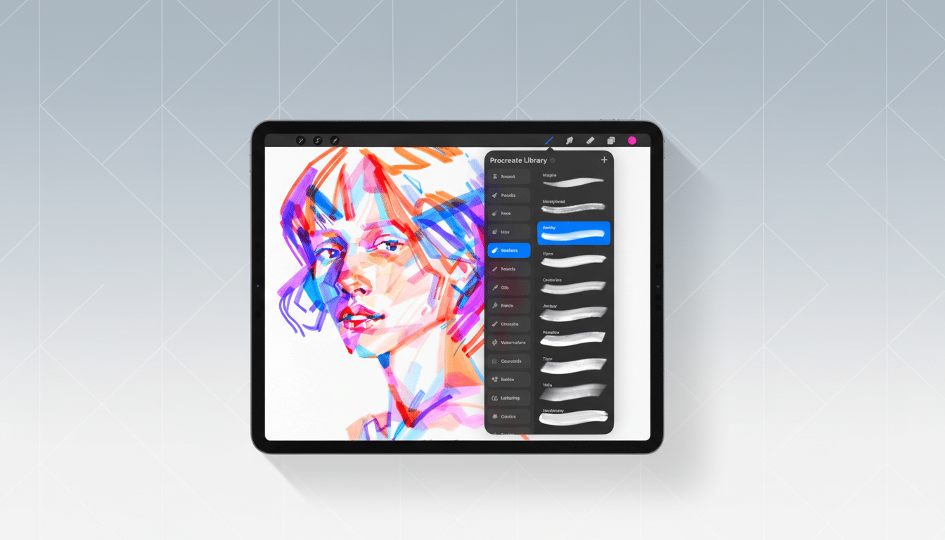A tablet displaying a digital painting of a womans face with vibrant, overlapping colors, next to a menu showing various brush options in a Procreate Library. The tablet is set against a professional flat design background with soft geometric patterns.