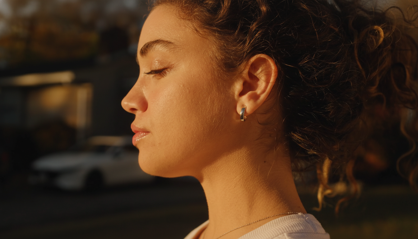 A close-up, side profile of a woman with curly hair and closed eyes, illuminated by warm sunlight.
