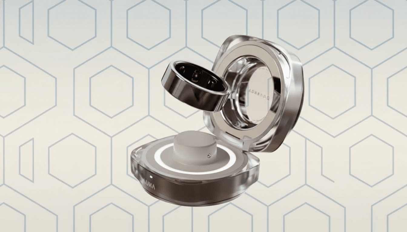 A professional 16:9 aspect ratio image of a silver smart ring hovering above its open charging case, set against a light background with a subtle geometric pattern.