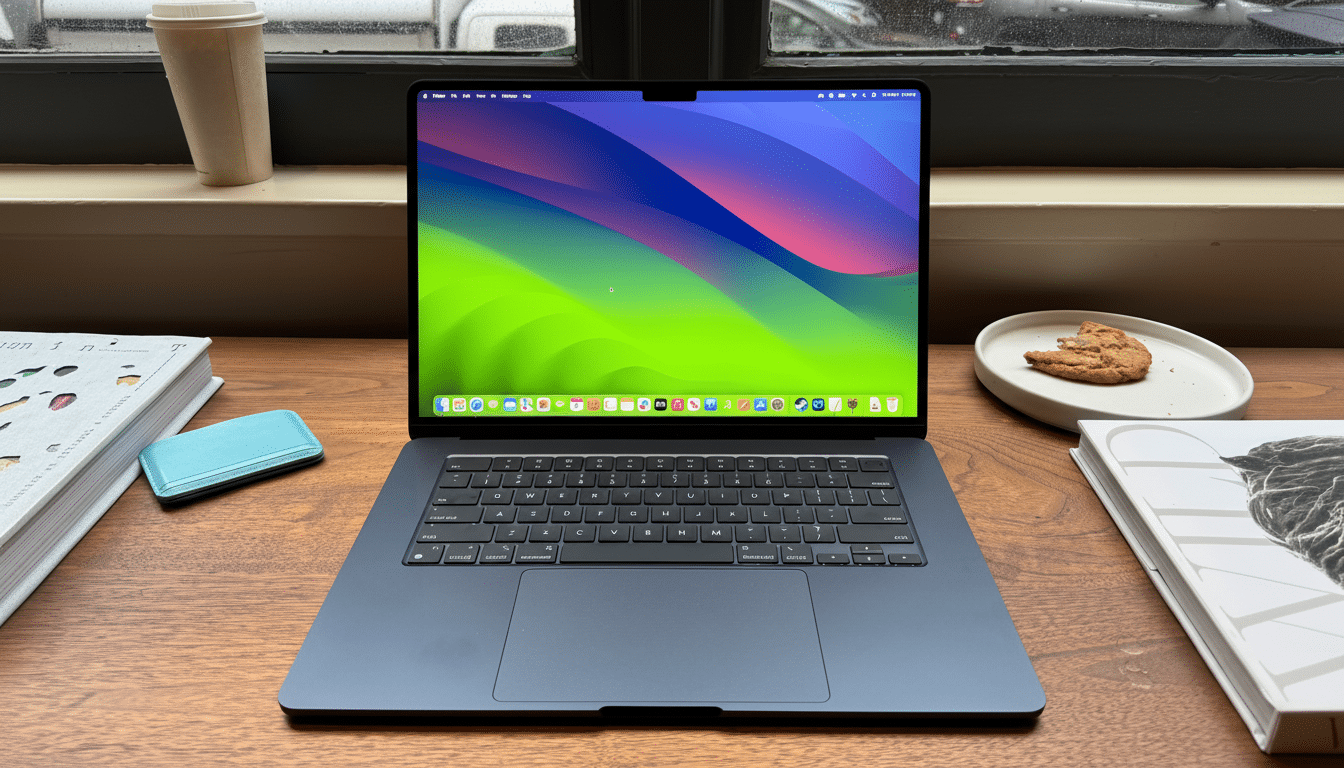 A MacBook Pro on a wooden desk with a colorful desktop background, a coffee cup, books, and a cookie on a plate.