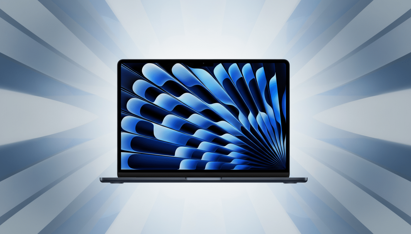 A dark blue laptop with a vibrant blue and black abstract design on its screen, set against a professional background with soft blue and white radial patterns.