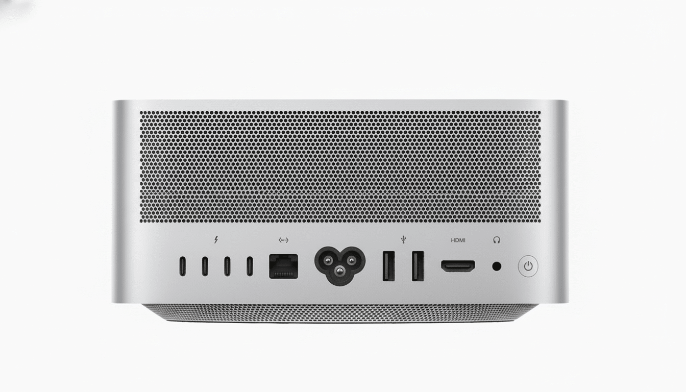 A silver Mac Studio desktop computer, viewed from the back, showcasing its various ports and a perforated design for ventilation.