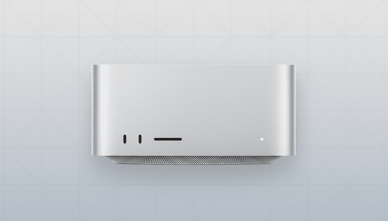 A silver Mac Studio desktop computer is centered on a light gray background with a subtle geometric pattern.