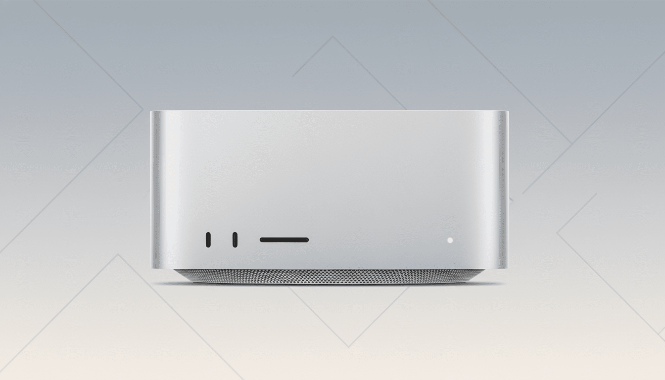 A silver Mac Studio desktop computer on a professional flat design background with soft patterns and gradients.