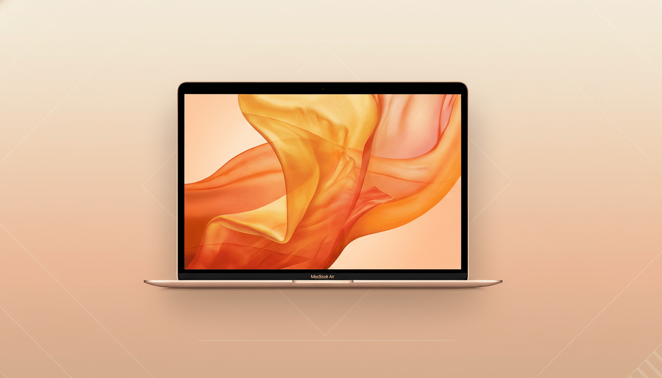 A gold MacBook Air with a screen displaying flowing orange and yellow fabric, set against a professional flat design background with soft peach gradients and subtle geometric patterns.