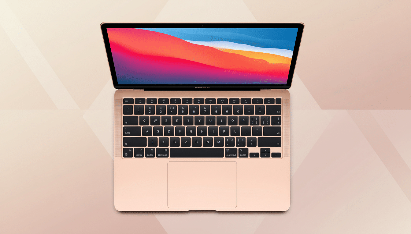 A gold MacBook Air laptop with its screen open, displaying a colorful desktop background, set against a professional flat design background with soft patterns and gradients.