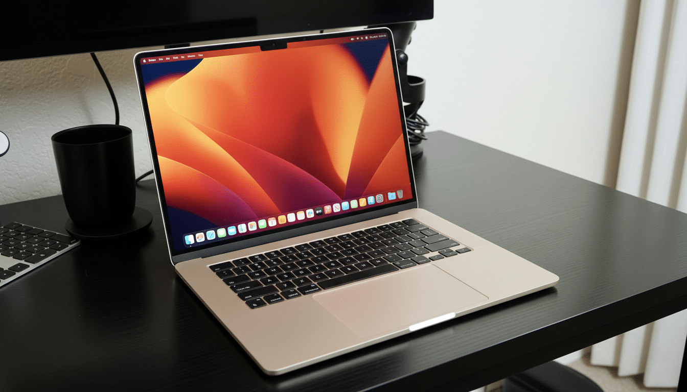 A gold MacBook Pro with a vibrant orange and red abstract wallpaper on its screen, sitting on a dark wooden desk.