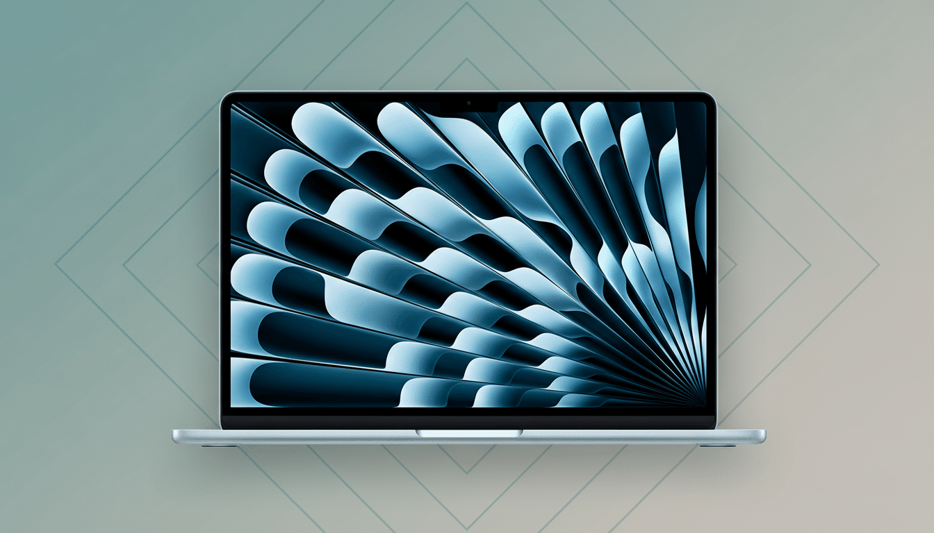 A silver laptop with a blue and black abstract design on the screen, presented on a professional flat background with soft patterns and a gradient.