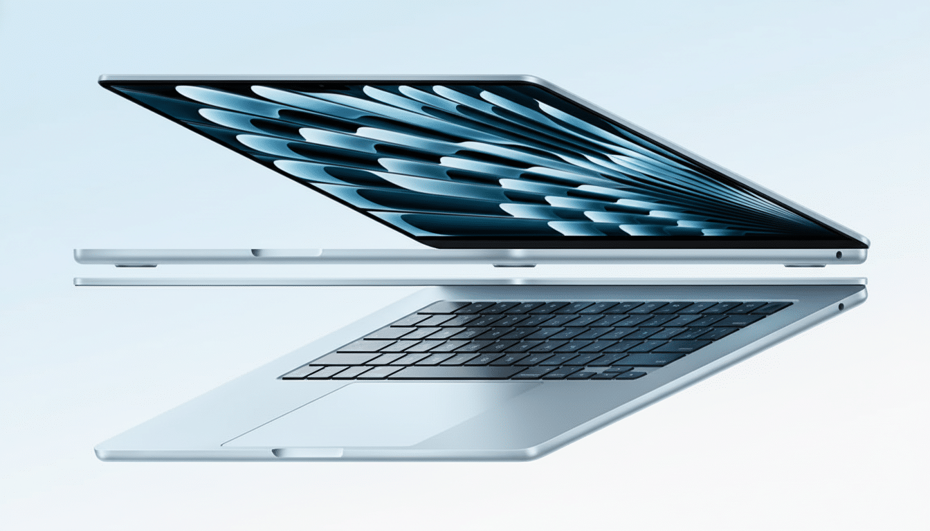 A silver laptop with its screen slightly open, displaying a blue and black abstract pattern, set against a light blue gradient background.