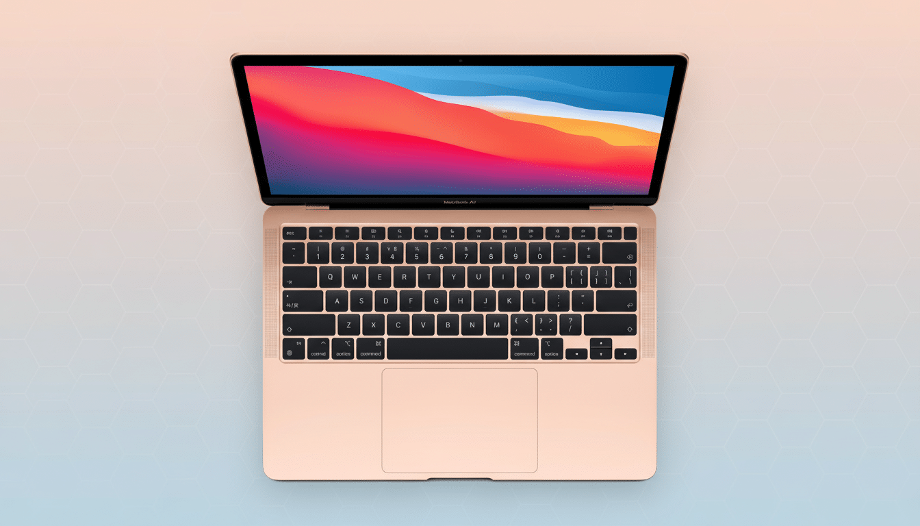 A gold MacBook Air laptop with its screen open, displaying a colorful desktop background, set against a professional flat design background with soft patterns and gradients.