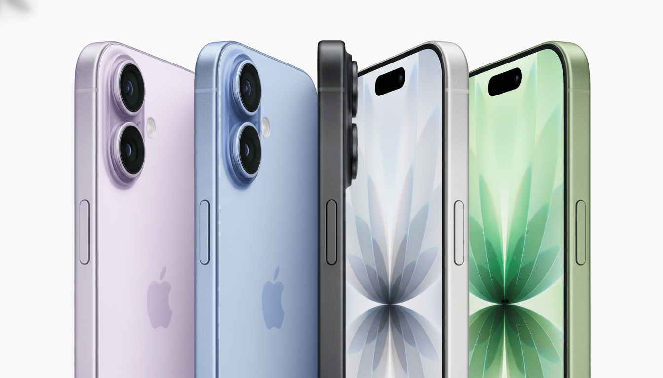 Four iPhones in different colors (purple, blue, black, and green) are displayed side-by-side against a white background.