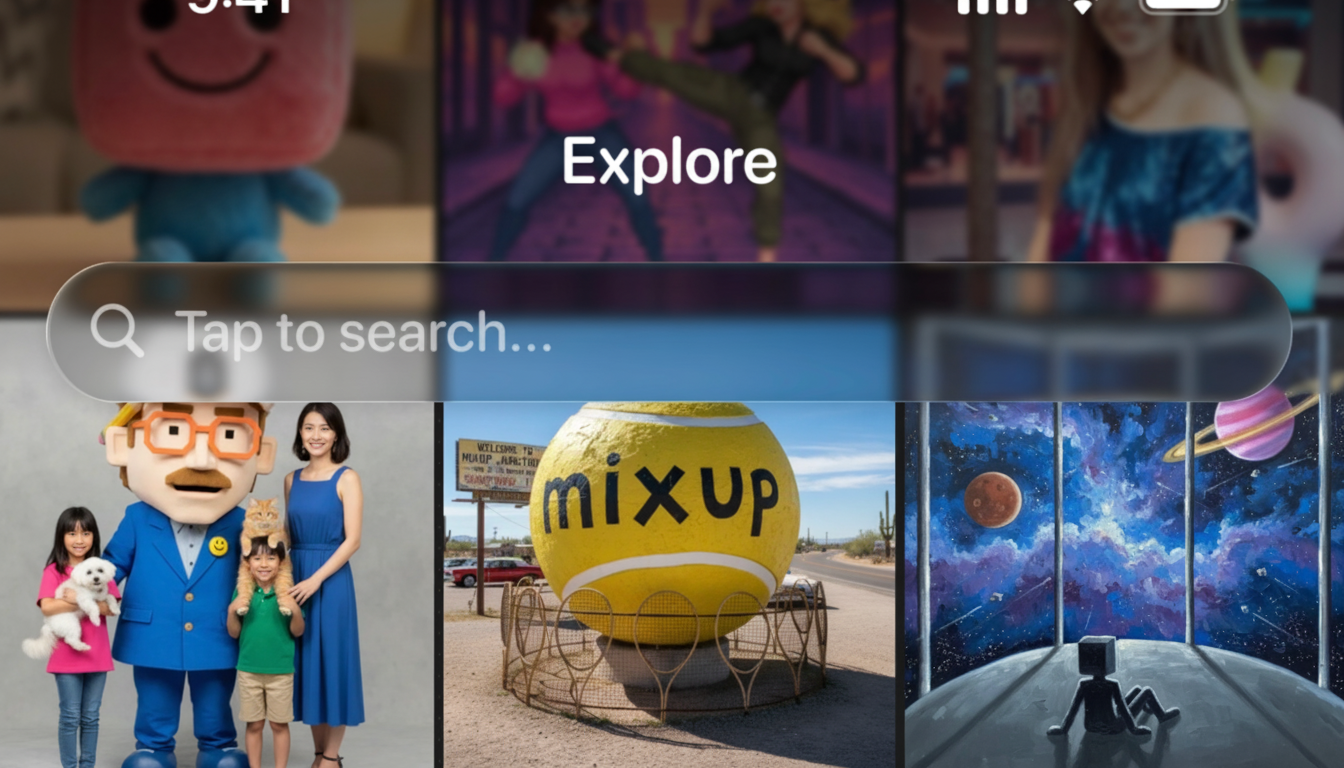 A screenshot of a mobile app interface with an Explore section and a search bar. Below, there are three image thumbnails: a family with a mascot, a giant tennis ball sculpture, and a painting of a robot looking at space.
