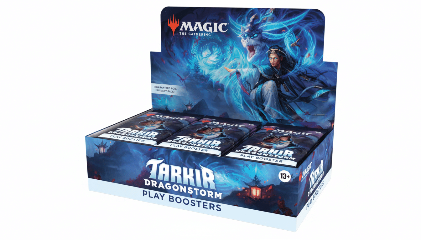 A display box of Magic: The Gathering Tarkir Dragonstorm Play Boosters, featuring a blue dragon and a female character, resized to a 16:9 aspect ratio.