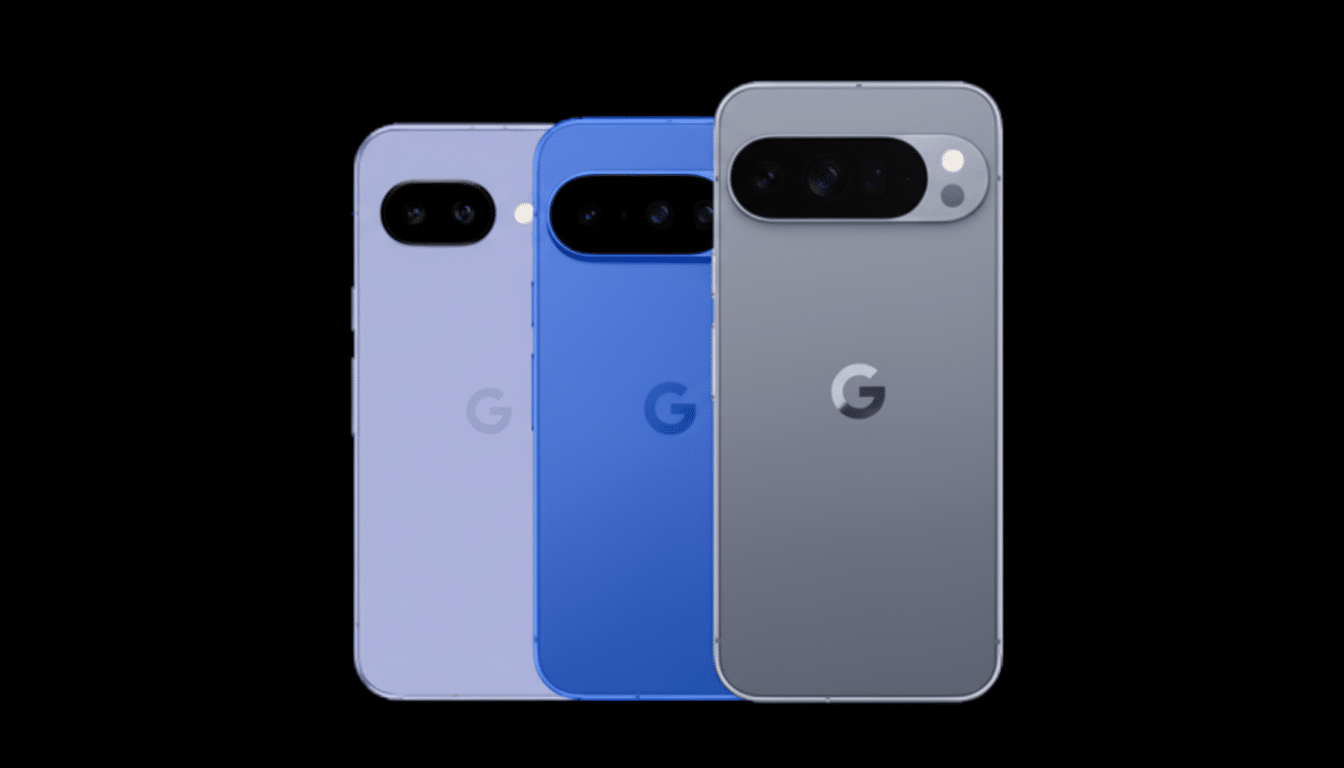 Three Google Pixel phones in different colors (lavender, blue, and gray) are displayed against a black background.