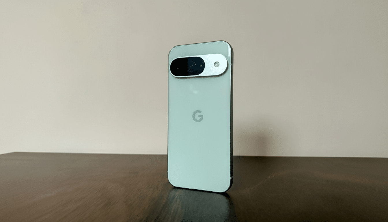 A light green Google Pixel smartphone is shown from the back, standing upright on a dark wooden surface against a plain light beige wall.