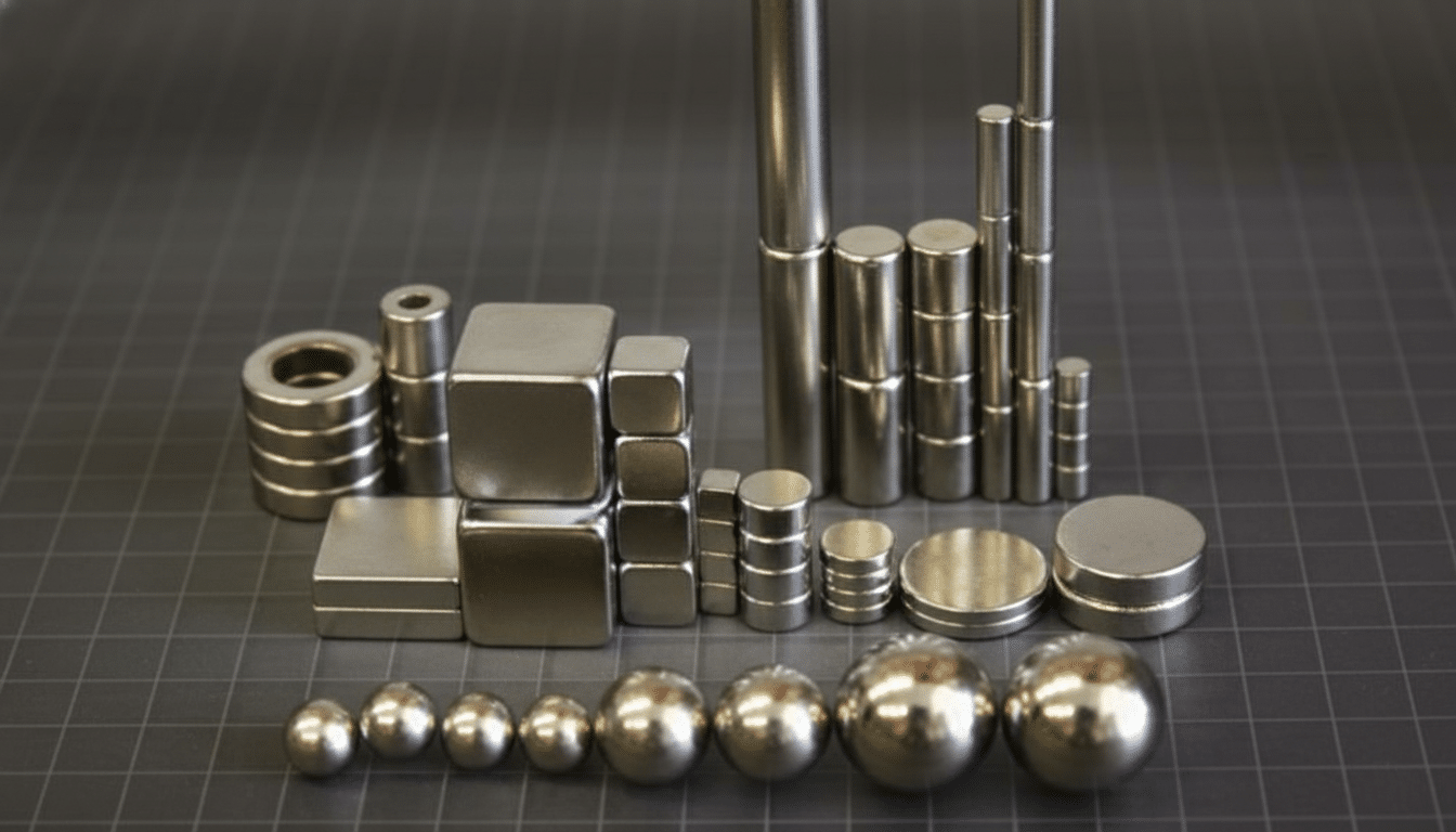 A collection of various shapes and sizes of magnets, including spheres, cubes, cylinders, and discs, arranged on a dark gray grid surface.