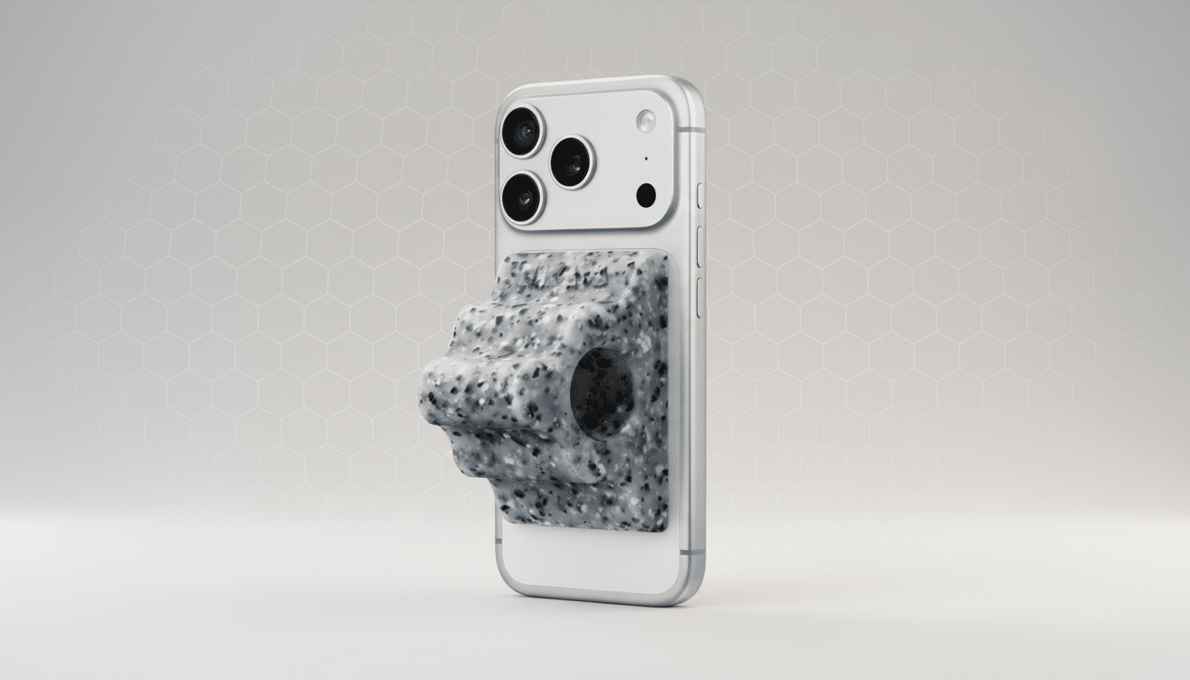 A silver iPhone with a speckled gray, textured phone grip attached to its back, presented on a professional light gray background with subtle hexagonal patterns.