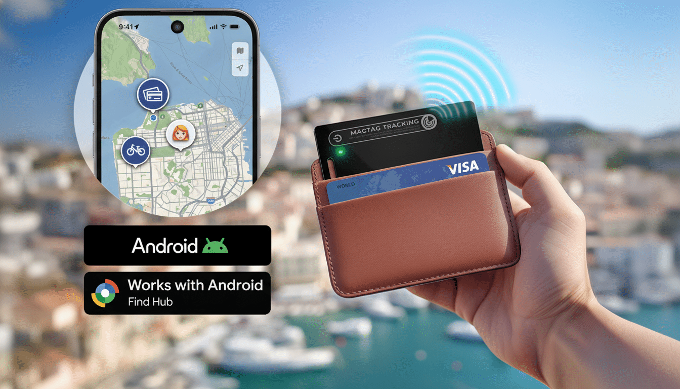 A hand holds a brown wallet with a black MAGTAG TRACKING card and a blue VISA card, with a phone displaying a map app showing tracked items and a person. The image is set against a blurred outdoor background with water and buildings.