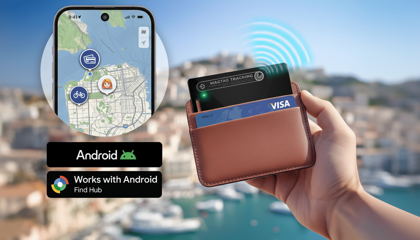 A hand holds a brown leather wallet with a black MAGTAG TRACKING card and a blue VISA card, with a phone displaying a map app in the background.