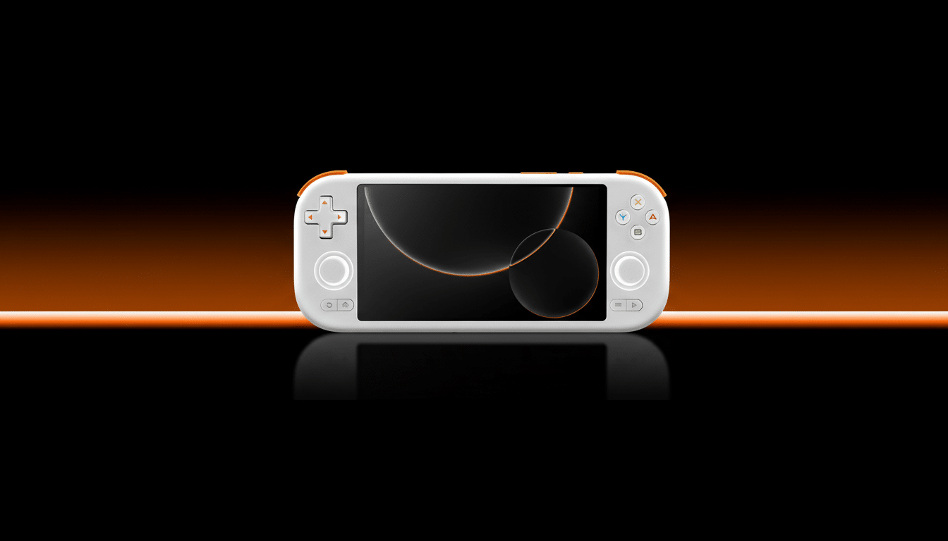 A white handheld gaming console with orange accents, featuring a dark screen with abstract orange and white circular designs, set against a black background with a horizontal orange gradient line.