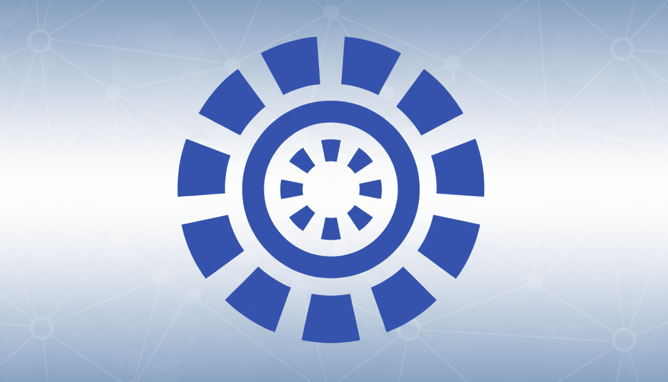 A blue circular logo with a gear-like outer ring and a smaller inner ring of dashes, set against a light blue and white gradient background with a subtle network pattern.