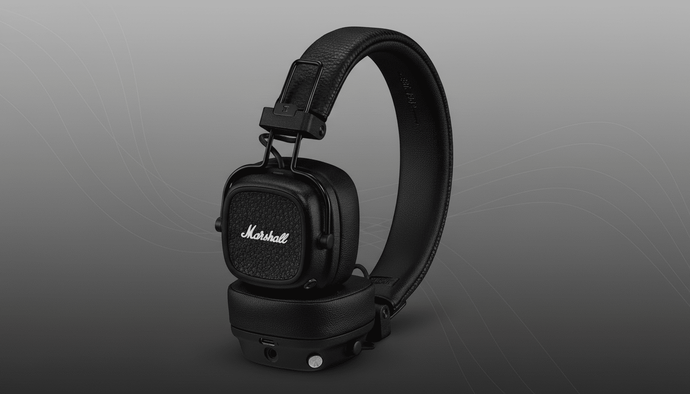 A pair of black Marshall headphones with the logo visible on the earcups, presented on a professional flat design background with soft patterns and gradients.