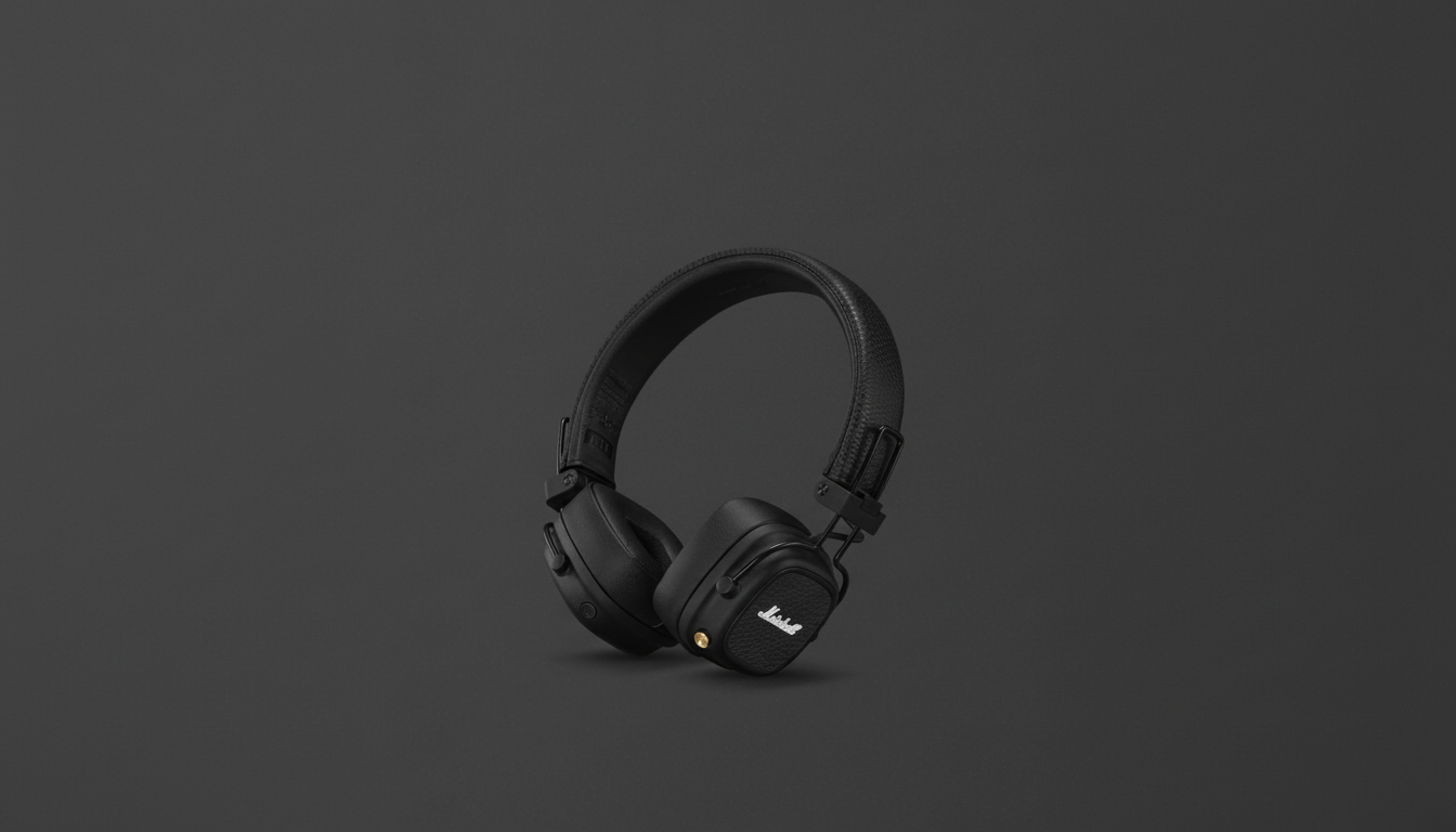 A pair of black Marshall headphones with a gold accent on the earcup, presented on a dark gray background.