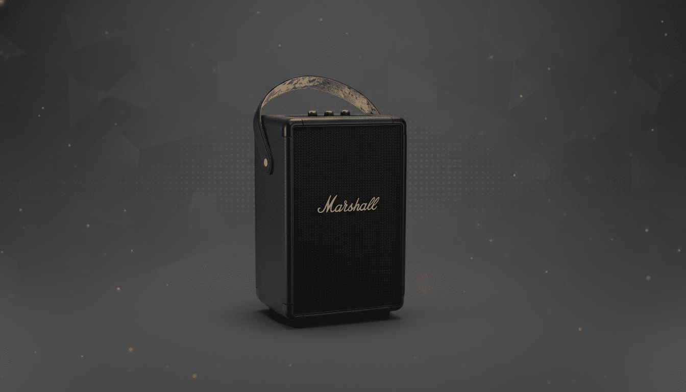 A black Marshall speaker with a leather handle, presented on a professional dark gray background with subtle geometric patterns.