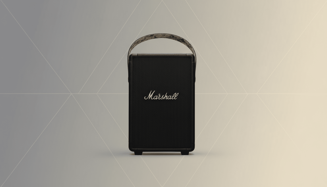A black Marshall speaker with a gold logo and a camouflage-patterned handle, presented on a professional flat design background with soft patterns and a gradient from light gray to light beige.