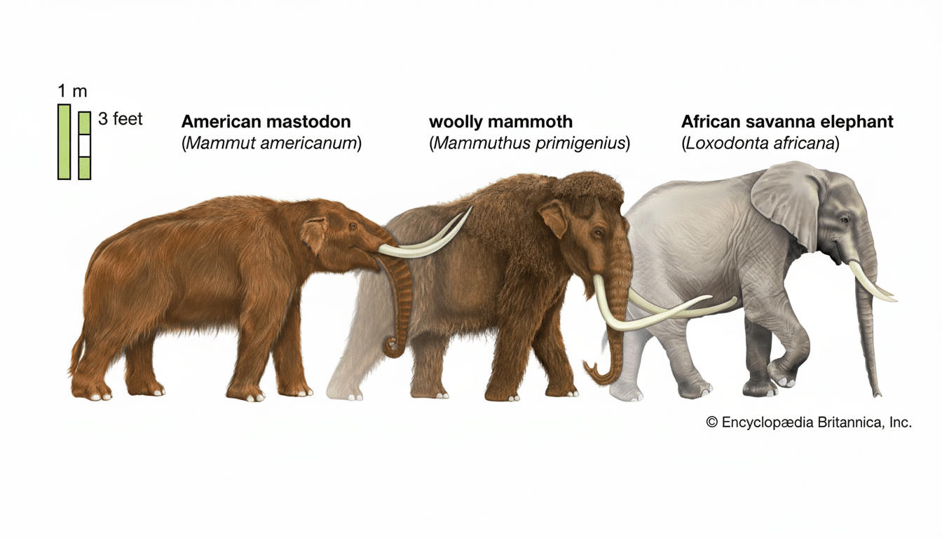 A professionally enhanced image showing the size comparison of an American mastodon, a woolly mammoth, and an African savanna elephant, resized to a 16:9 aspect ratio.