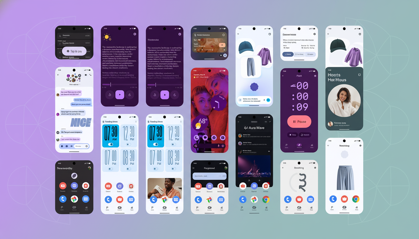 A collage of various smartphone screens displaying different app interfaces and designs, set against a soft purple and white gradient background.