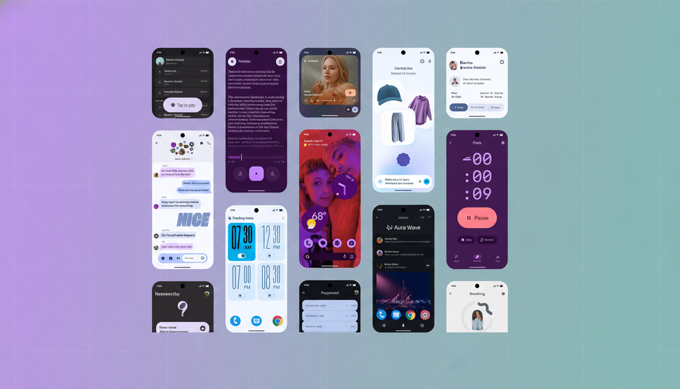 A collage of various mobile phone screens displaying different app interfaces, including messaging, music players, weather, news, and fitness trackers, all presented in a clean, professional layout with a soft gradient background.
