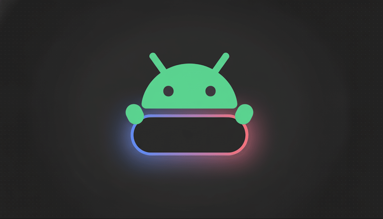 The Android logo, a green robot head, holding a glowing, rounded rectangular text box with a blue and red neon outline, set against a dark gray background with subtle texture.