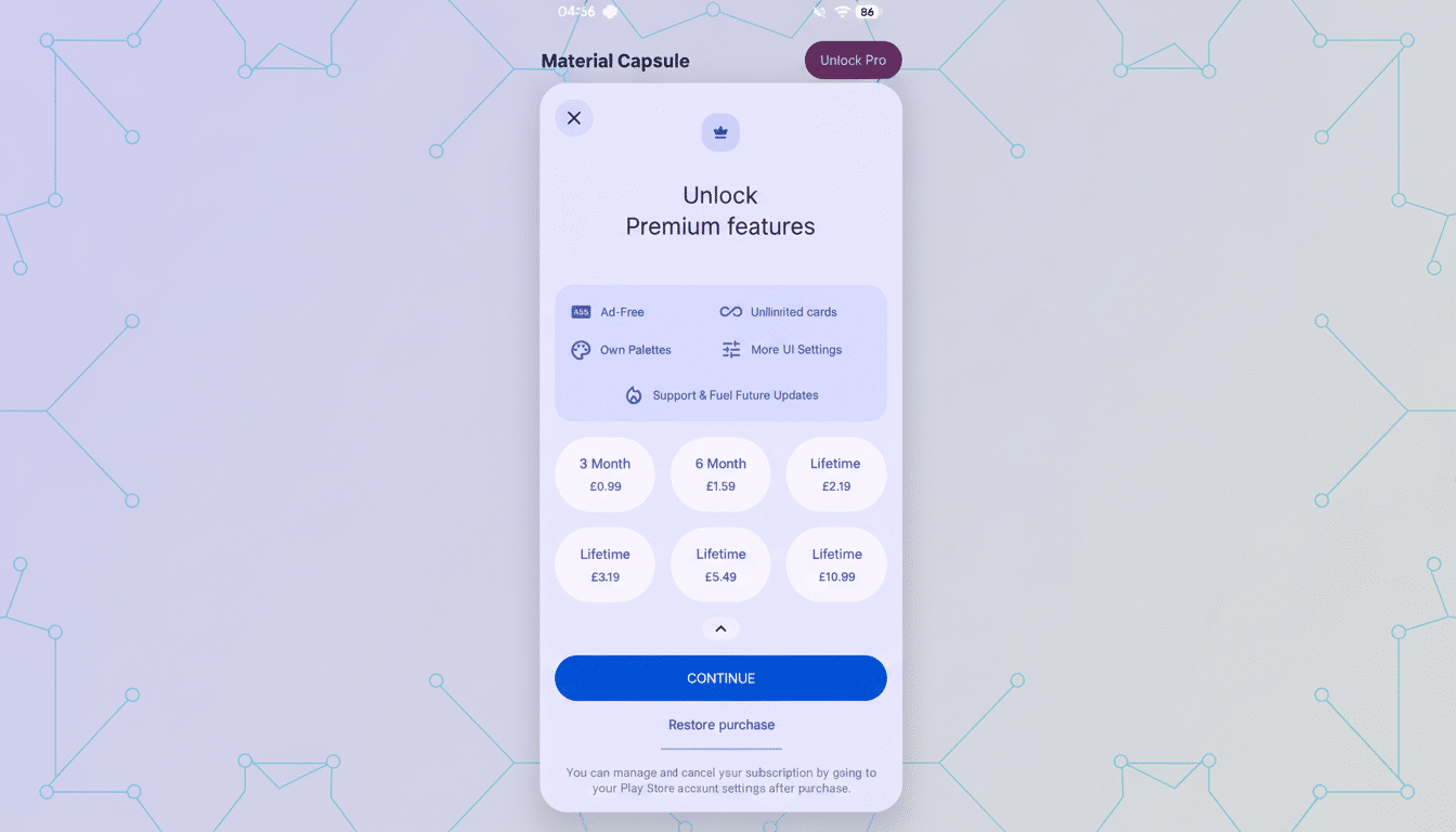 A mobile app screen showing Unlock Premium features with various subscription options and benefits.