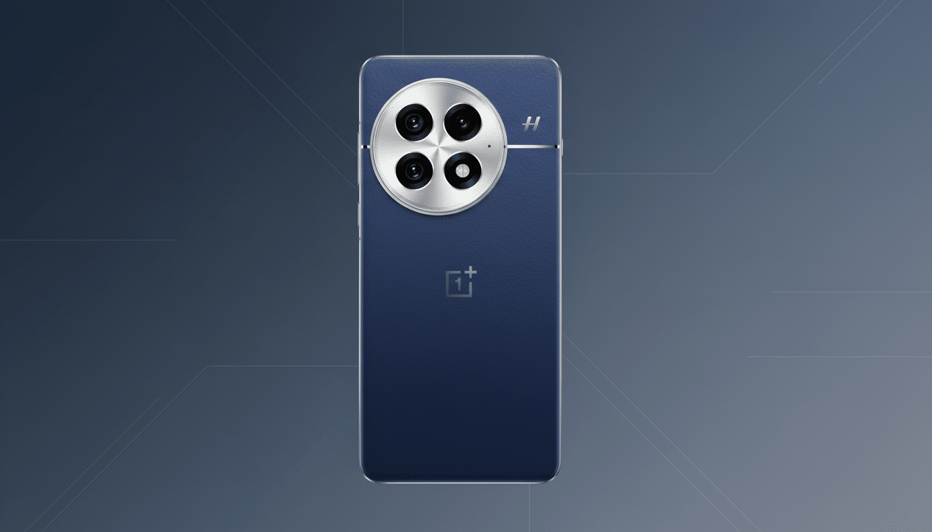 A blue smartphone with a silver circular camera module featuring four lenses, centered on a professional flat design background with soft patterns and gradients.