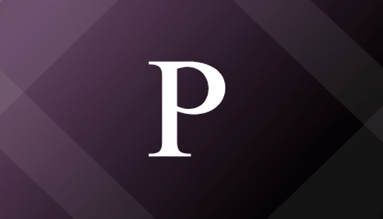 A white serif letter P centered on a dark purple background with subtle geometric patterns.