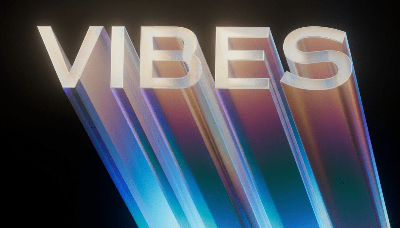 The word VIBES in a stylized, iridescent 3D font, with light reflecting off its surfaces and casting colorful, elongated shadows on a dark background.