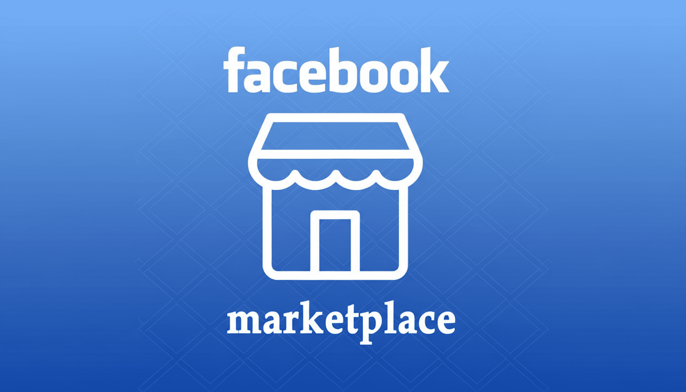 The Facebook Marketplace logo, featuring a white outline of a storefront with the words facebook above and marketplace below, set against a blue background with a subtle gradient and soft geometric pattern.